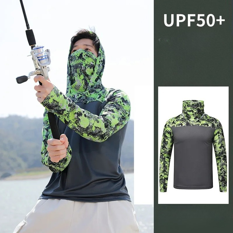 Fishing Mask Sun Protection - เสื้อตกปลาแบบมีฮู้ดสำหรับผู้ชาย เสื้อผ้ากันแดดสำหรับกิจกรรมกลางแจ้งในฤดูร้อน เสื้อฮู้ดปะติดปะต่อพร้อมหน้ากาก ป้องกันแสงแดดและรังสียูวี เสื้อเจอร์ซีย์ประสิทธิภาพสูง ป้องกันผิว